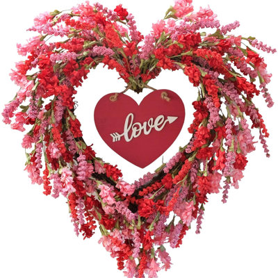Couronne de Saint-Valentin 18 po pour porte d'entrée printemps / été avec couronne de fleurs rouges et signe pour fenêtre de mariage
