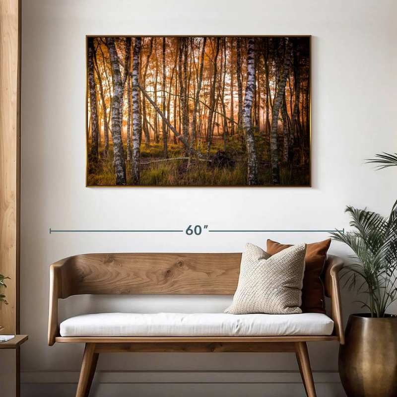 Forêt de bouleaux sombre, 46 po x 31 po, Cadre flottant doré