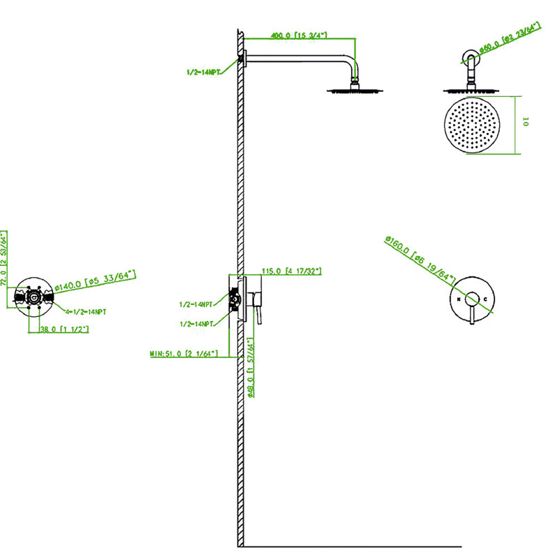 Robinet de douche mural en nickel brossé avec valve incluse - formation de pièces en laiton
