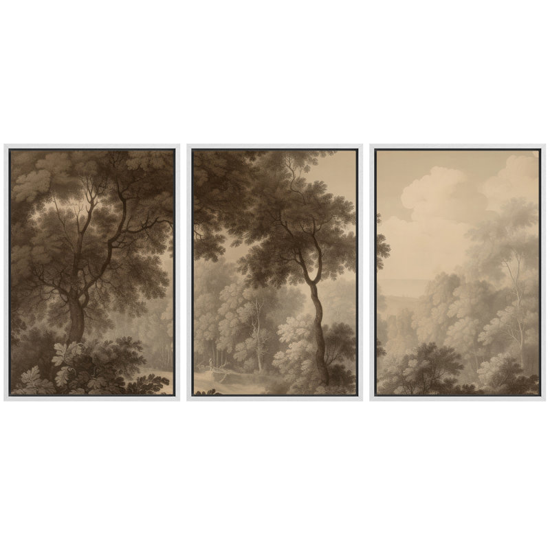 «Vintage sépia Forest Landscape with Tall Trees», reproduction d'art sur toile encadrée 3 pièces., H 36 po x l 72 po