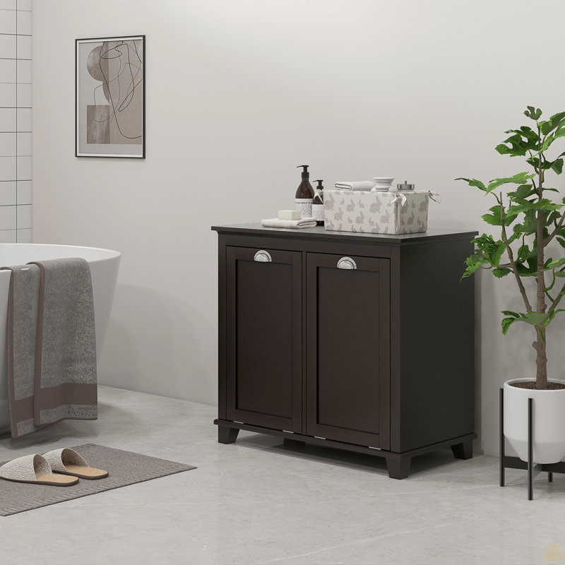 Dual Tilt out Laundry Hamper Cabinet, Bathroom Storage Cabinet with 2-Compartment Hamper, Modern  Floor Cabinet