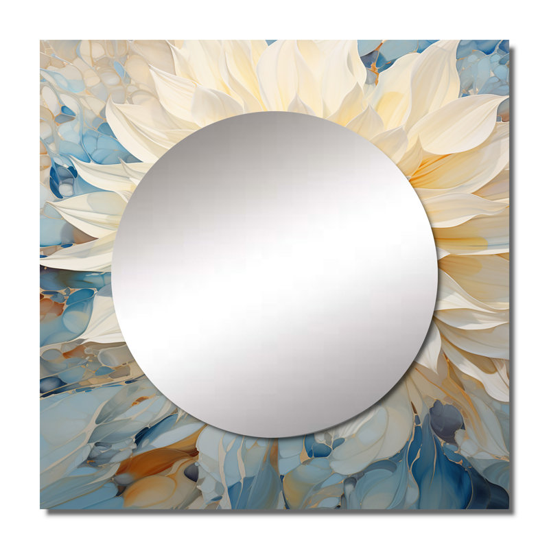 Altabelli - Miroir carré simple floral et botanique beige et bleu pour décoration murale, 36 po x 36 po