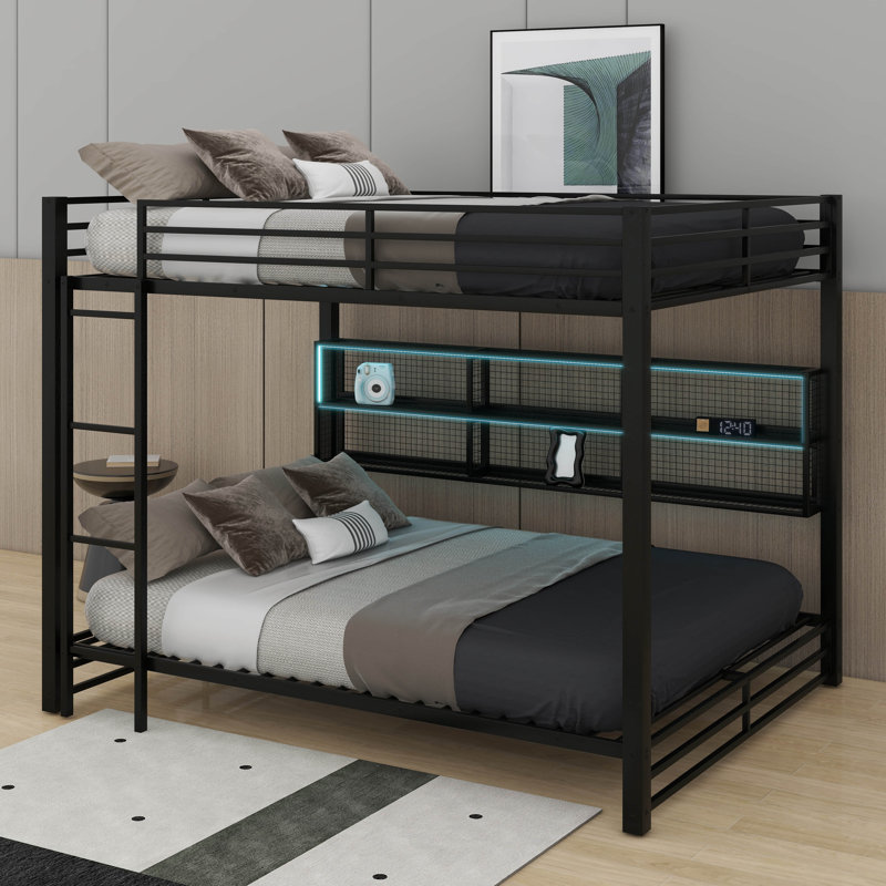 Metal Queen Over Queen Bunk Bed With Storage Cabinets And LED