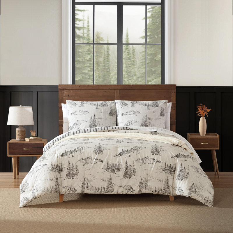 Eddie Bauer Rocky Mountain Cabin Cotton Reversible Grey Duvet Cover Set, Queen Duvet Cover + 2 Standard Pillowcases