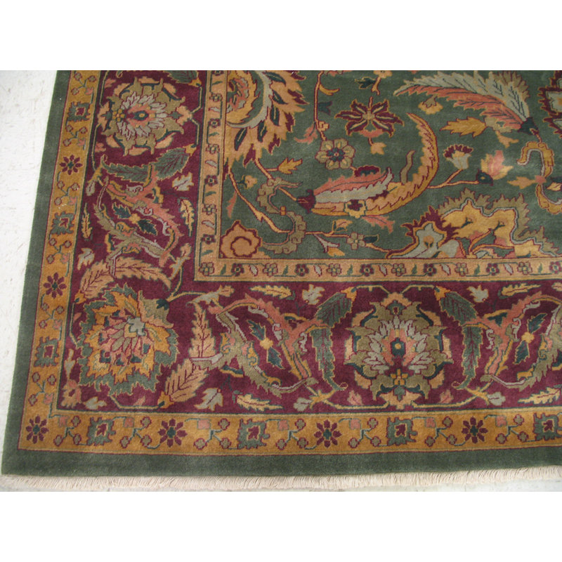 Oriental Hand-Knotted Wool Green/Burgundy/Orange Area Rug, Rectangle 9'2" x 11'10"