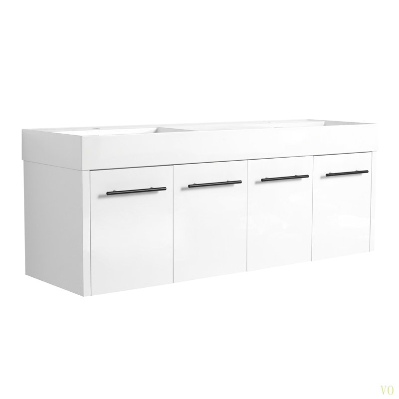 Meuble-lavabo mural de 60 po avec lavabo, lavabo double en résine à rebords épais, ensemble KD, Blanc lustré