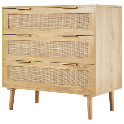 Commode en rotin à 3 tiroirs, commode-penderie en rotin naturel avec 3 tiroirs, commode moderne en bois pour vêtements et rangement, style bohème, avec poignées et pieds robustes, idéale pour le salon et l'entrée.