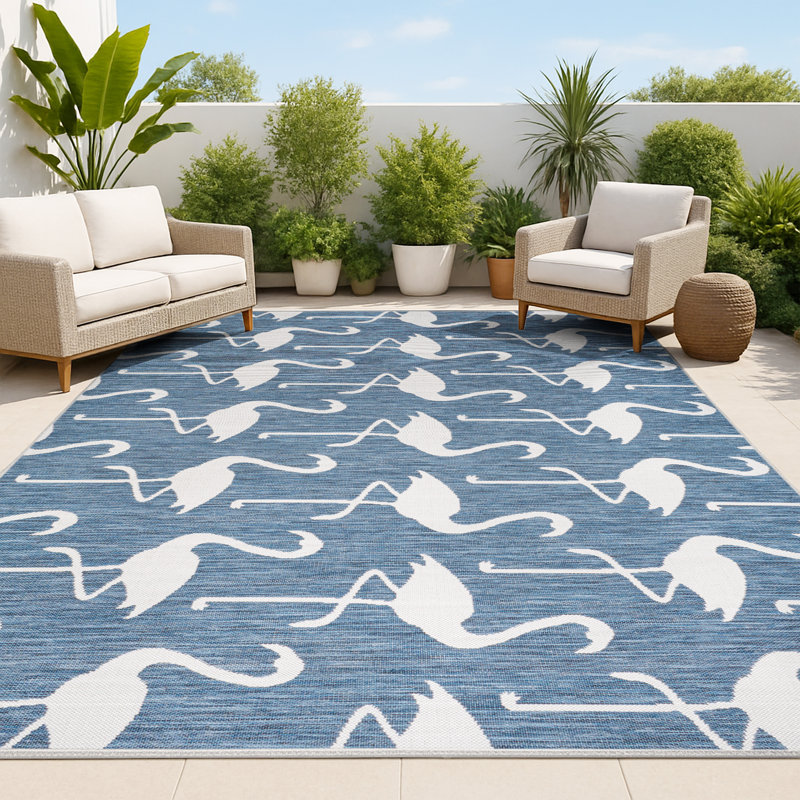 Cindia Casual Coastal Flamingos Two-Tone Navy/White Indoor/Outdoor Rug, Rectangle 5'3" x 7'7"