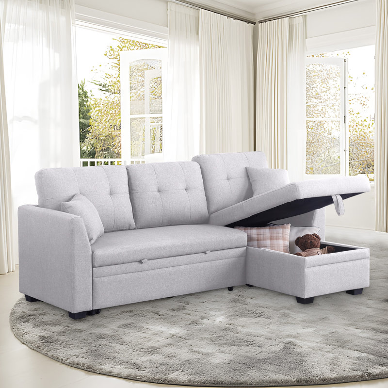 Sectional Sofa Sleeper Bed With Storage Chaise, Light Gray Linen Blend