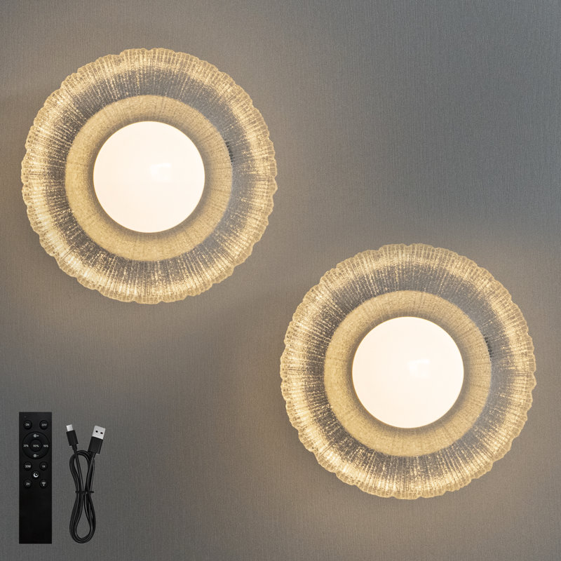 Rechargeable Glass Wall Sconce, Wireless LED Flush Mounted Sconces with Remote