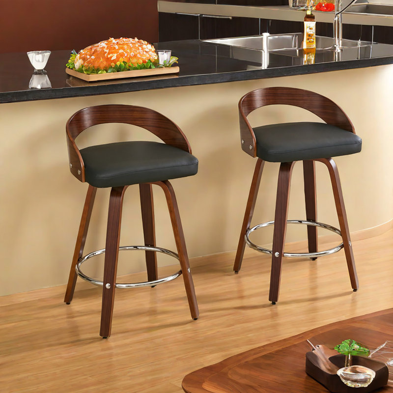 Reinaldo Swivel Counter Or Bar Height Bar Stool With Open Low Back In Faux Leather And (Set Of 2), Black