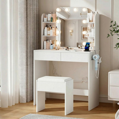 Makeup Vanity With LED Lighted Mirror & Power Outlet, Vanity Desk With 2 Drawers, 4 Shelves, Hair Dryer Rack