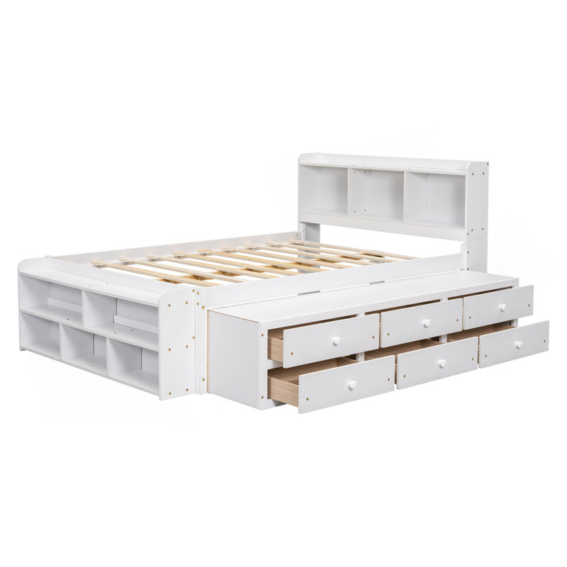 Lit double avec tête de lit bibliothèque, tiroirs de rangement sous le lit et étui de rangement pour bout de lit, blanc
