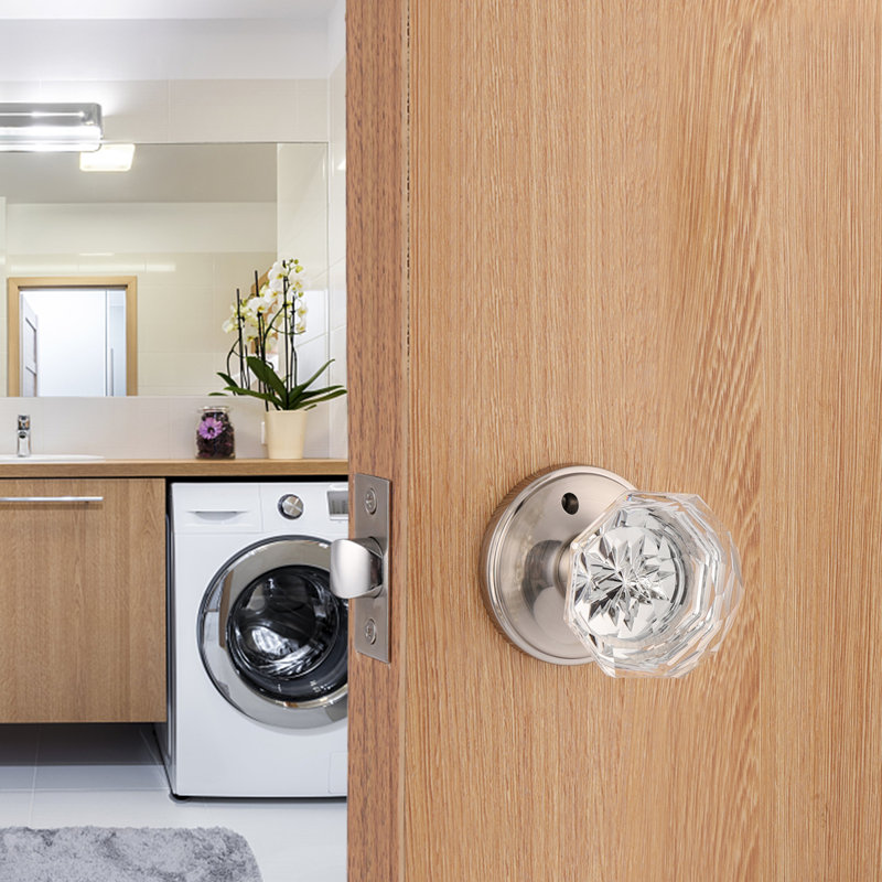 Crystal Door Knobs Keyless Lock with Round Rosette, Privacy (Bed & Bath), Satin Nickel