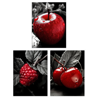 Red Apple Raspberry Cherry on Black White Kitchen Artwork 3 Piece Wall Art