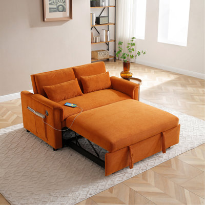 Convertible Two Seater Pull Out Sofa Bed with Adjustable Backrest, USB Ports, Side Pockets and Waist Pillows for Comfortable Living Room Lounging