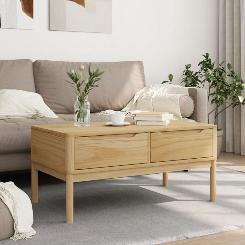 Table basse Ebern Designs FLORO 39 po x 21,9 po x 17,7 po en bois de pin massif, Brun cire