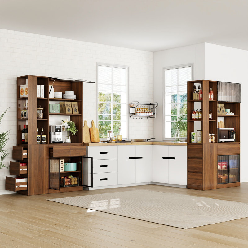 Garde-manger 70,9 "avec tablette à micro-ondes, 5 tiroirs et portes en verre