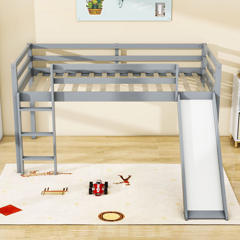 Twin Wood Low Loft Bed With Slide And Ladder, Gray