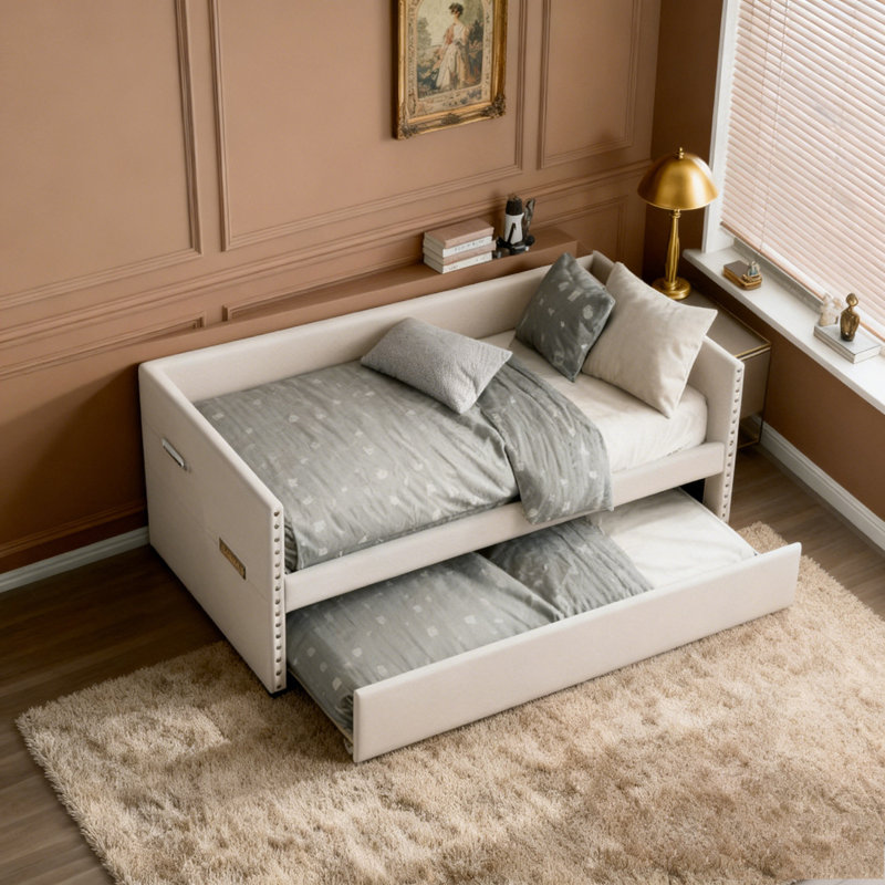 Daybed Pull-out Trundle Side Pockets Upholstery Nailhead Trim Bedroom Living Room Furniture, Beige
