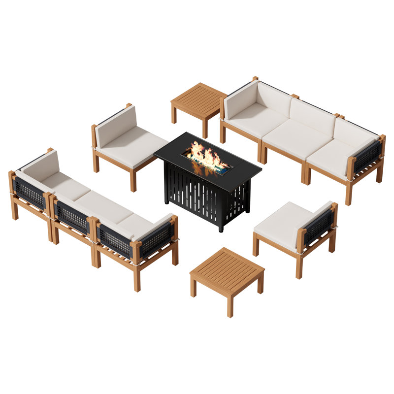 Ensemble de conversation d'extérieur en bois d'acacia pour patio avec table, coussin, poêle, meubles de véranda pour terrasse, balcon, cour