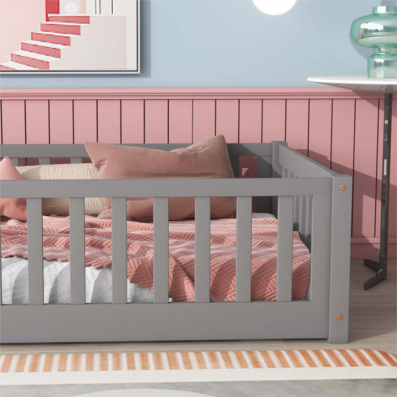 Twin Floor Platform Bed with Fence without Door, Gray