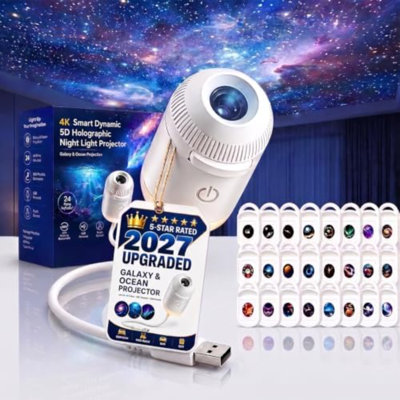 2027 New Hd Smart Dynamic 5d Holographic Night Light Projector, Plug and Play Hd Star Projector, 360° Adjustable Hd Galaxy and Ocean Projector for Bedroom Ceiling (24 Projection Films)