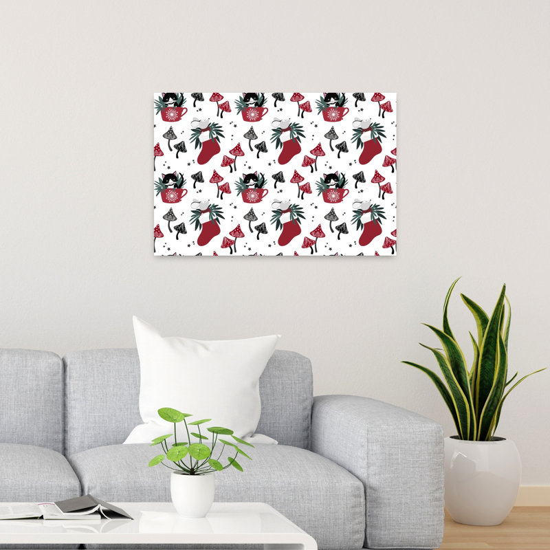 Motif fantaisiste d'animaux de Noël abstrait, paysage de chat contemporain, art mural, 24" H x 36" W