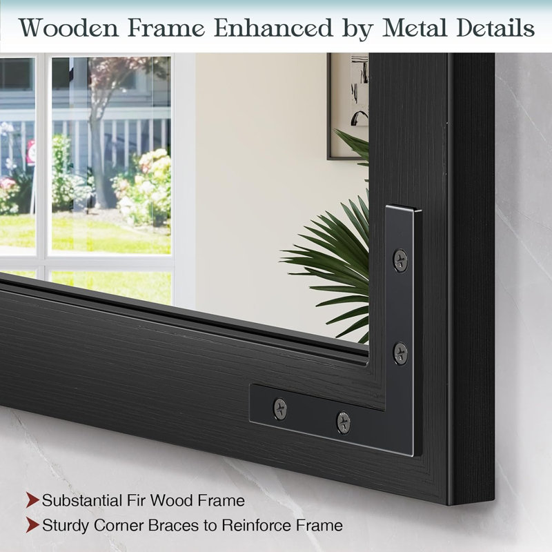 Brown Solid Wood Rectangular Farmhouse Mirror with Metal Accents
