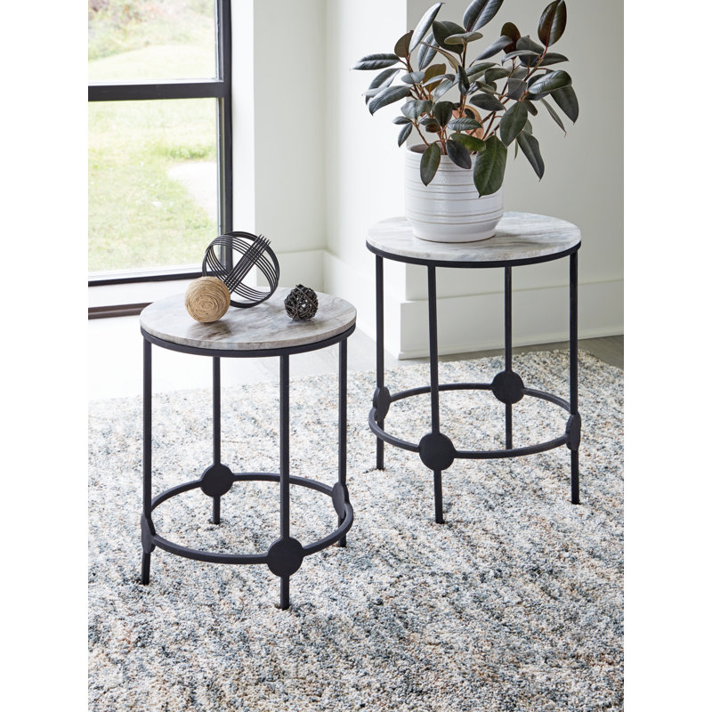 White and Black Round Metal and Stone Accent Table Set