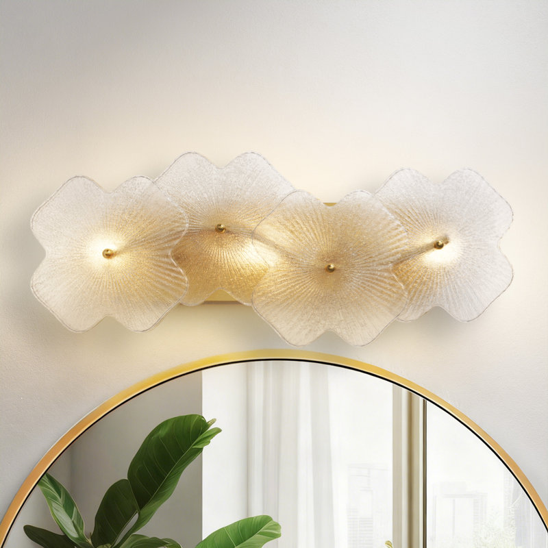 3 - Light 𝟭𝟵.𝟱-𝗜𝗡𝗖𝗛 𝗪 Dimmable Metal Brass ETL Wall Sconces with Petal-shaped Glass, Polished Brass