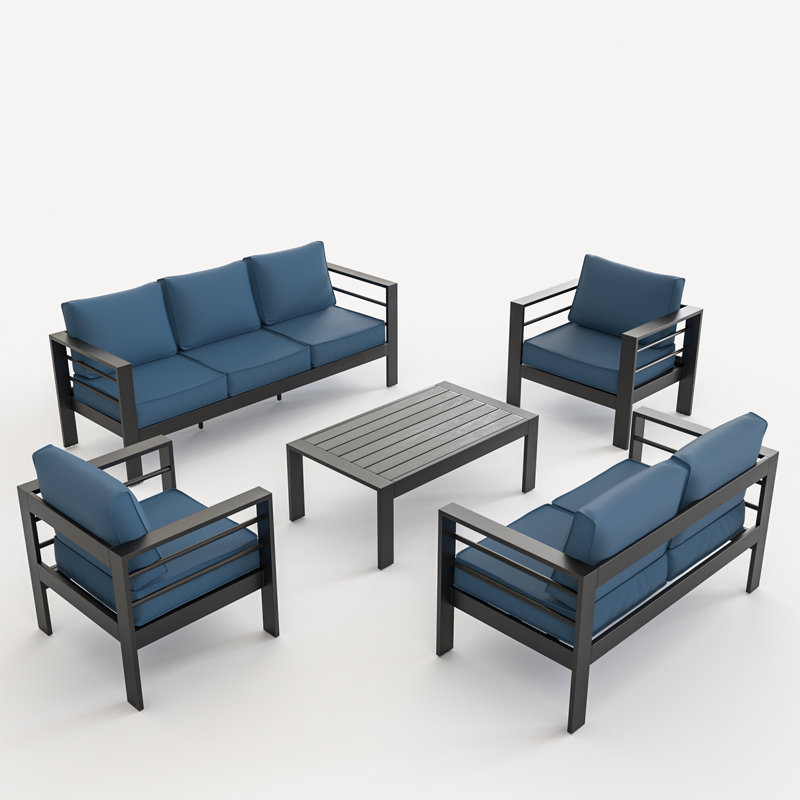 Arreana 7 - Person Patio Conversation Set with Cushions, Blue/Dark Gray