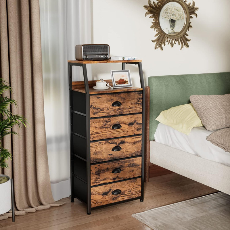 Commode Furnulem avec 5 tiroirs, tour de rangement verticale ..., Brun rustique