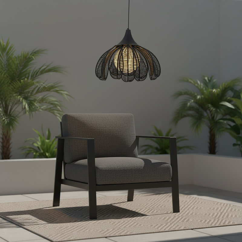 1-Light Wicker Outdoor Pendant Light Coastal Boho Style Flower Handwoven, Matte Black