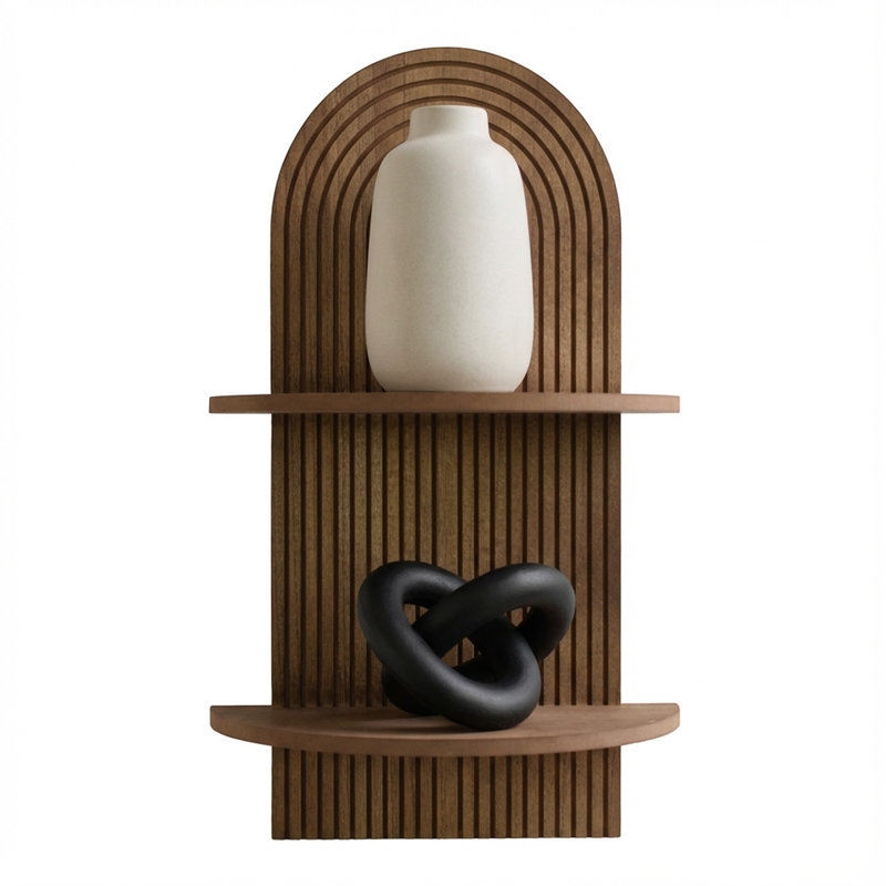  Dark Walnut Boho Arched Lunar Ledges 2-Tier Floating Wall Shelf, Brown
