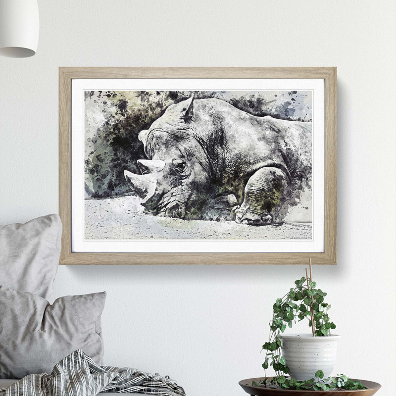 Resting Rhino in Abstract - Picture Frame Painting Print, Oak Framed, 48cm H x 65cm W x 2cm D