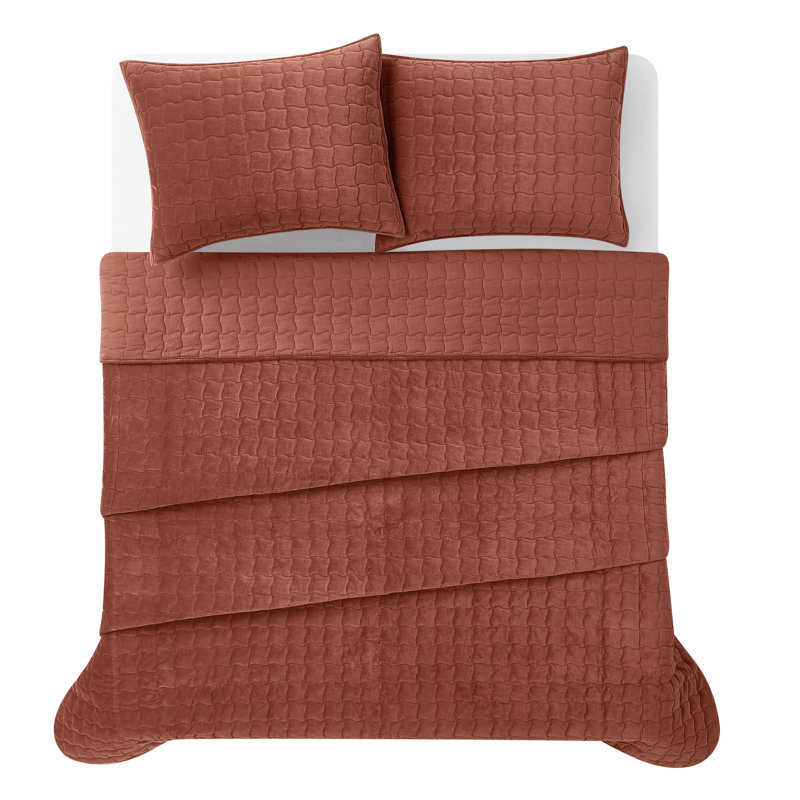 Brooklyn Loom Matte Cotton Velvet Wavy Square Stitch Quilt Set, Rust, Twin Extra Long Quilt + 1 Twin Sham