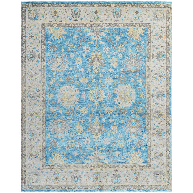 Tapis bleu / beige de haute qualité noué à la main, Rectangle 8 pi x 10 pi