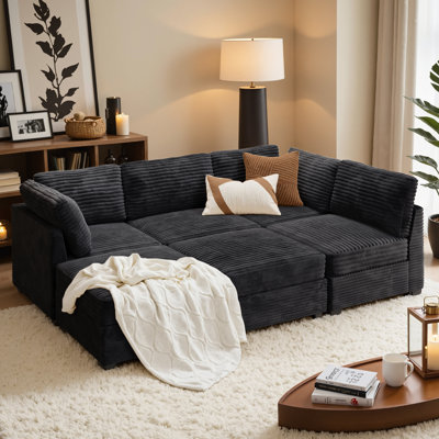 Hogle Modular Sectional Sofa With Ottoman, Plush Corduroy Fabric, Convertible U/L-Shaped Couch With Wide Deep Seats For Living Room