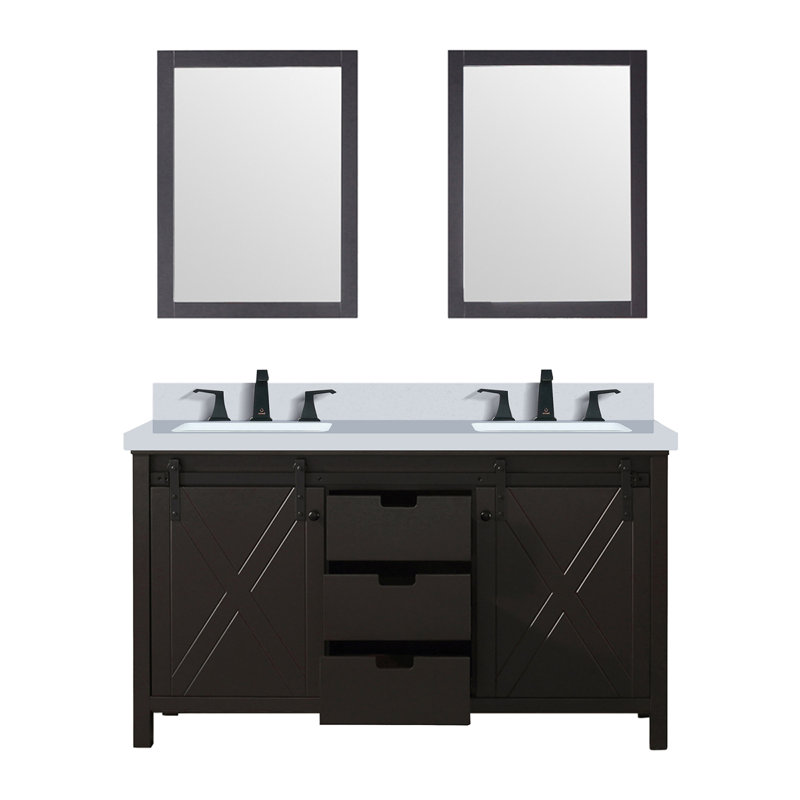 Meuble-lavabo double l 60 po x P 22 po, comptoir en marbre de culture, ensemble de robinet et miroirs 24 po, Brun