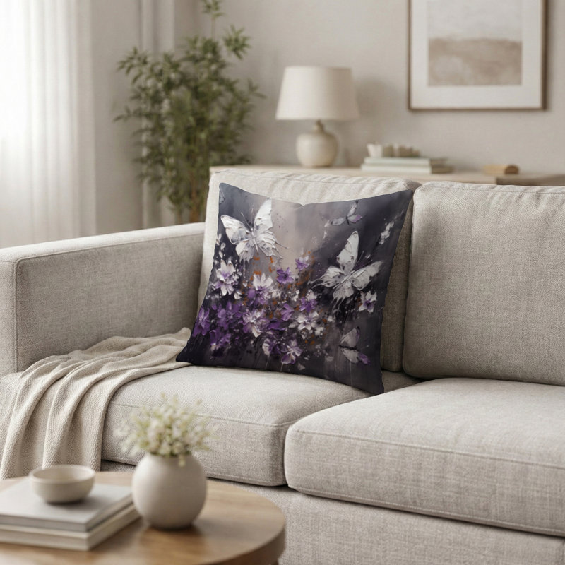 Coussin décoratif à motifs floraux, ailes de papillon violettes et blanches, H 20 po x l 20 po