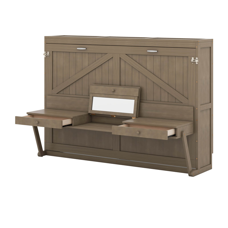 Lit escamotable avec rangement, armoire-lit pliable avec coiffeuse, miroir central et 2 tiroirs latéraux, Gris patiné