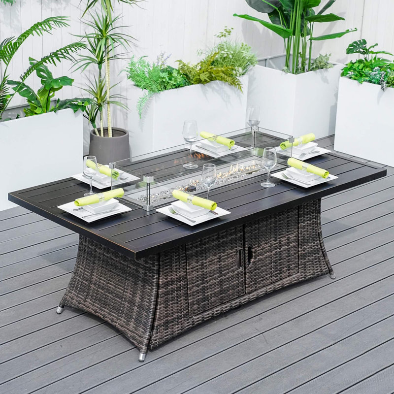 6-Seat Rectangle Fire Pit Table With Aluminum Top, Brown
