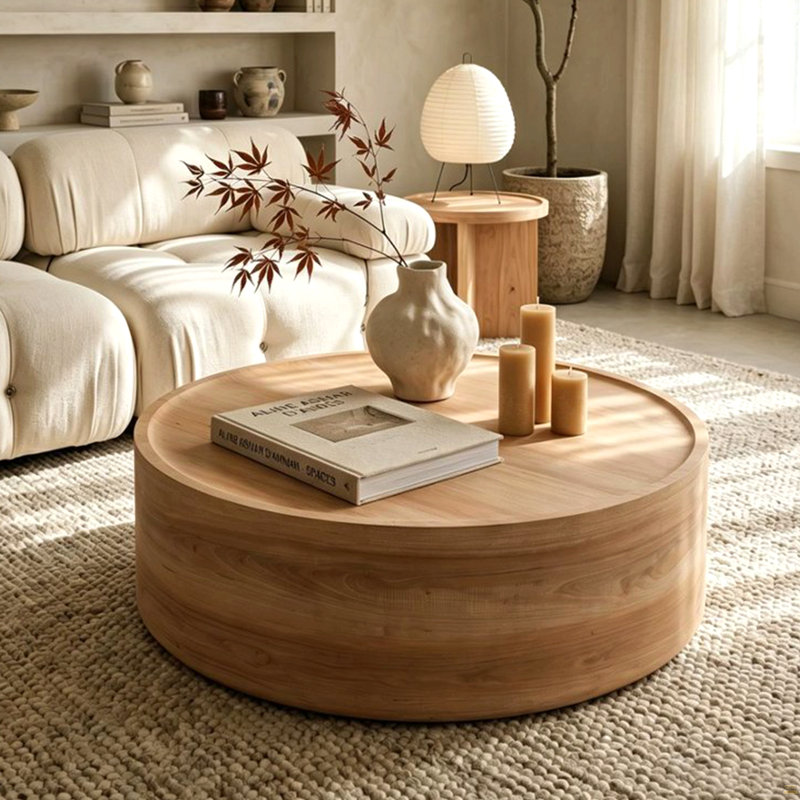 Table basse ronde de 39,37 po avec grain de bois naturel pour le salon, table basse cylindrique moderne pour le salon, sans assemblage