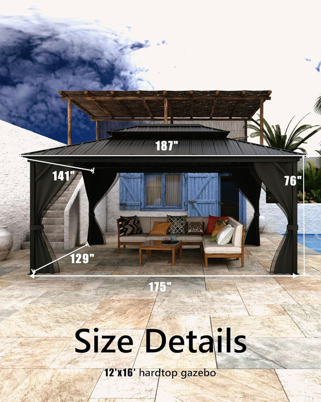 Pavillon de jardin rigide avec structure en aluminium, rideaux et filet pour pavillon de jardin extérieur