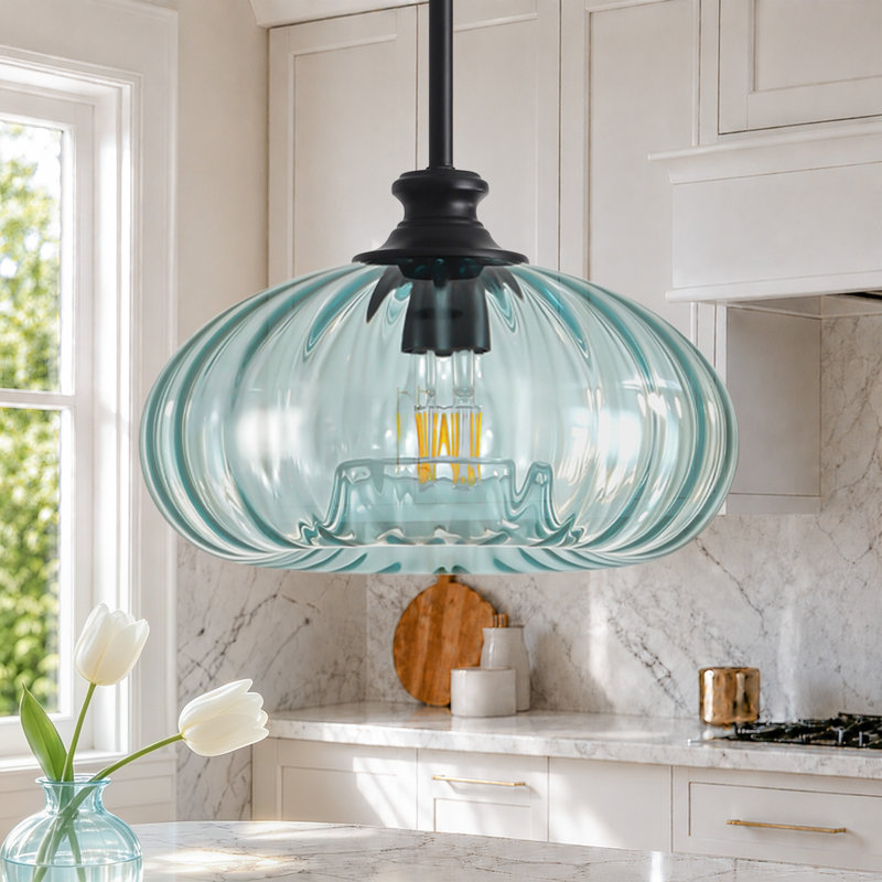 Luminaire suspendu 10,8 po en verre nervuré en forme de citrouille pour îlot de cuisine 10,8 po, Bleu