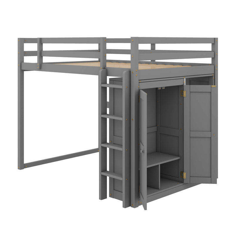 Lit mezzanine double en bois avec garde-robe intégré, tablettes et éclairage à DEL, gris
