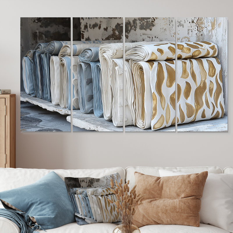 «Gold and White Moroccan Textiles I», ensemble de reproductions d'art mural marocaines, H 28 po x l 48 po