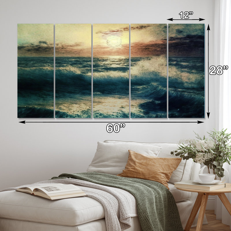 «Wild Ocean Waves Breaking In The Sunset I», reproduction sur toile - 5 panneaux égaux