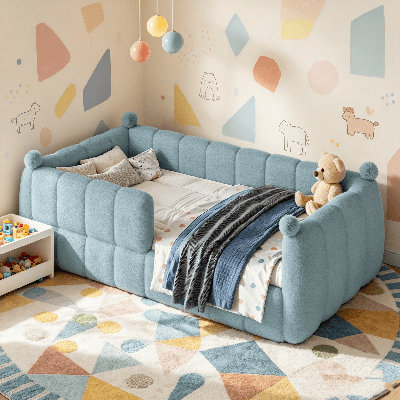 Lit de sol rembourré doux, lit plateforme pour enfants avec rails de sécurité entourant le lit, structure de lit d'enfant bas au sol, lit de jour bas, lit à profil bas pour chambre d'enfant et chambre d'amis